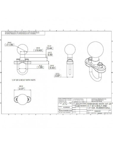 RAMC231 - Base de brida en U roscada para Rail de 0,5" (12,7 mm) a 1" (25,4 mm) de Diámetro - Bola C/1,5" RAMC231 - Base de brida en U roscada para Rail de 0,5" (12,7 mm) a 1" (25,4 mm) de Diámetro - Bola C/1,5"