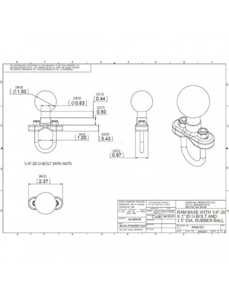 RAMC231 - Base de brida en U roscada para Rail de 0,5" (12,7 mm) a 1" (25,4 mm) de Diámetro - Bola C/1,5" RAMC231 - Base de brida en U roscada para Rail de 0,5" (12,7 mm) a 1" (25,4 mm) de Diámetro - Bola C/1,5"