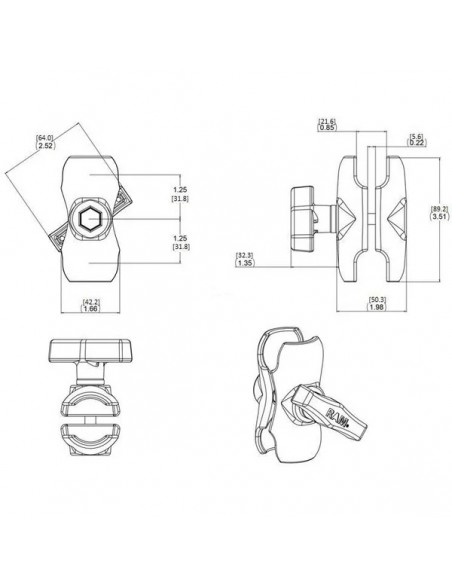 RAMC201B - Brazo de Doble Acoplamiento de 90 mm para bola C/1,5" RAMC201B - Brazo de Doble Acoplamiento de 90 mm para bola C/1,5"