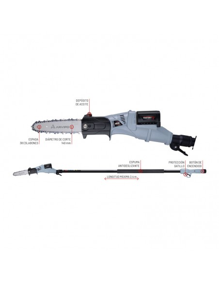 motosierra de bateria arvipo hs32 + 2 baterias 2,5 ah + cargador