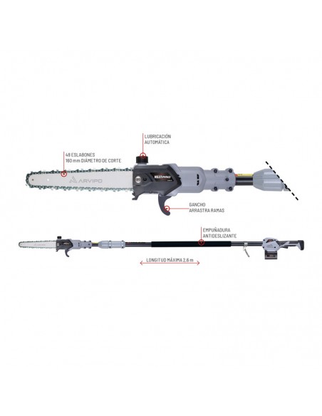 podadora de altura de bateria arvipo hs 37 pro-xl- 2,3 -3-5 m + 3 baterias 5 ah + cargador