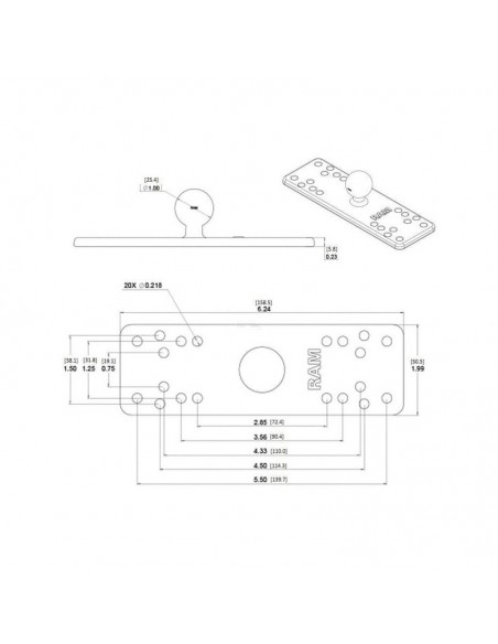 placa de montaje de 2" x 6,25", bola b/1"