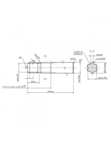 6735251KR - Eje Estriado 1 3-8 1 cara Z6 250 mm.