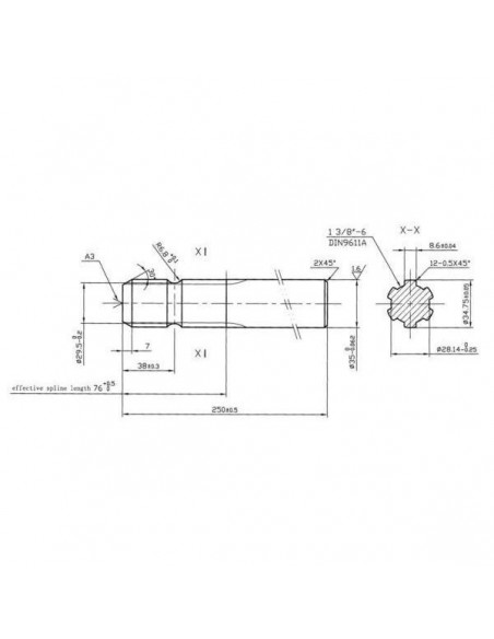 6735251KR - Eje Estriado 1 3-8 1 cara Z6 250 mm.